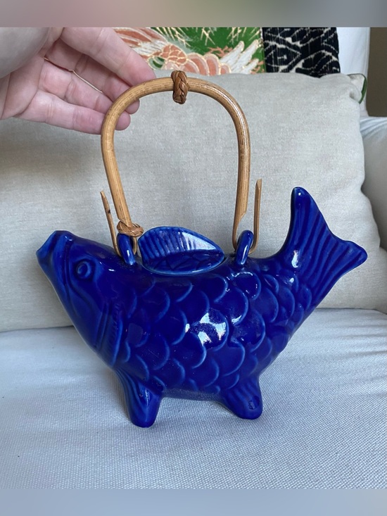 Cost Plus World Market Other - VTG World Market Cobalt Blue Ceramic Koi Fish Teapot Bamboo Handle